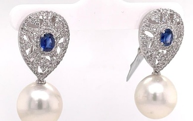 Sapphire Diamond South Sea Pearl Drop Earrings 2.16 Carats 18 Carat White Gold