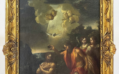 Scuola genovese del secolo XVII "Battesimo di Cristo" olio su tela (cm 72x57) in cornice (difetti e restauri)