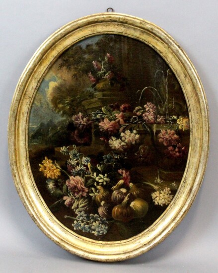 Scuola napoletana inizio XVIII secolo, Natura morta di fiori e fichi entro un paesaggio, olio su tela ad assetto ovale, cm 52x42, entro cornice.