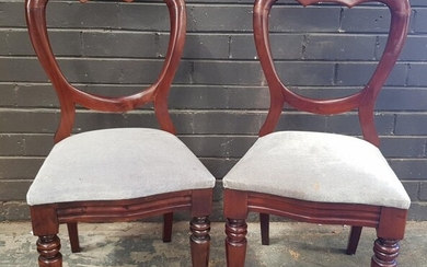 Set of 10 Victorian Balloon Back Dining Chairs, with light grey upholstery & turned legs