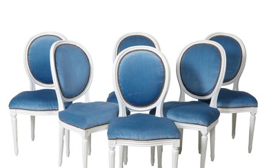 Set of 6 Louis XVI Style Creme Peinte Dining Chairs, 20th c., H.- 36 in., W.- 19 in., D.- 20 in. (6