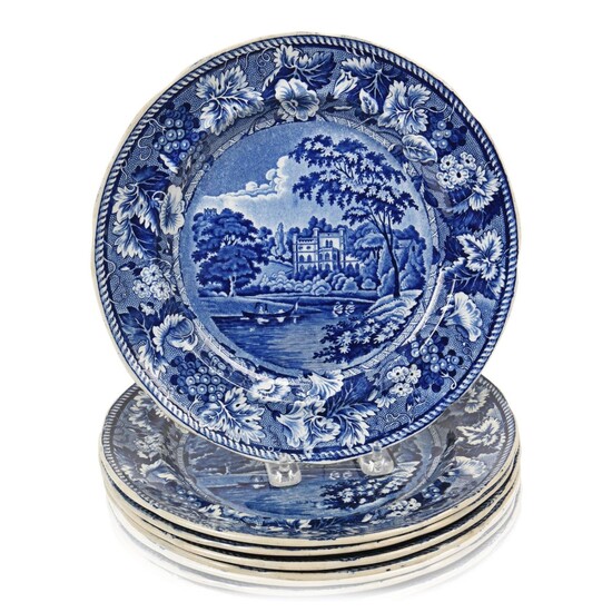 Set of Five Staffordshire Blue Transfer-Printed Plates.