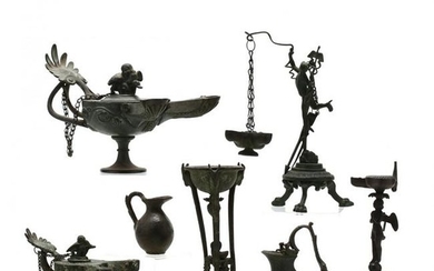 Seven Roman-Style Bronze Lamps and Vessels