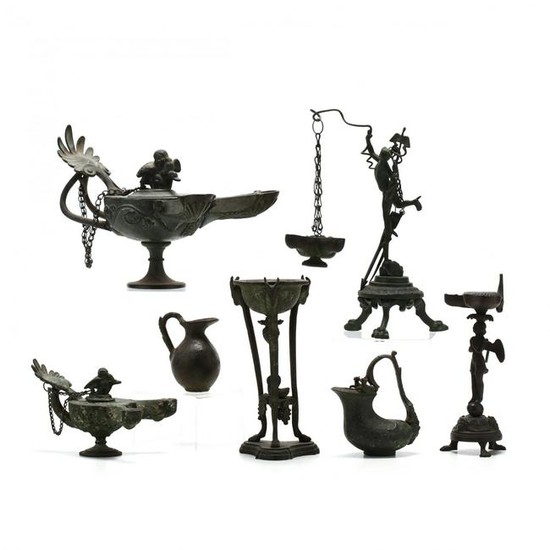 Seven Roman-Style Bronze Lamps and Vessels