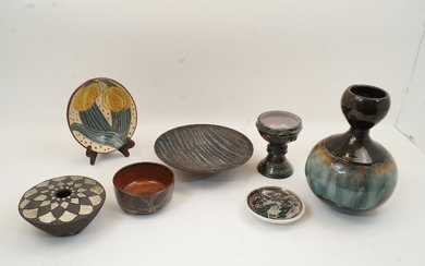 Seven pieces of studio pottery, comprising: a glazed vase signed Sammy, 28cm high; a shallow bowl, unsigned, 24.5cm diameter; a Wye Valley pottery goblet and small dish, each signed Wye; an oval dish by Brenda Pegrum, 20cm diameter; an Anna...