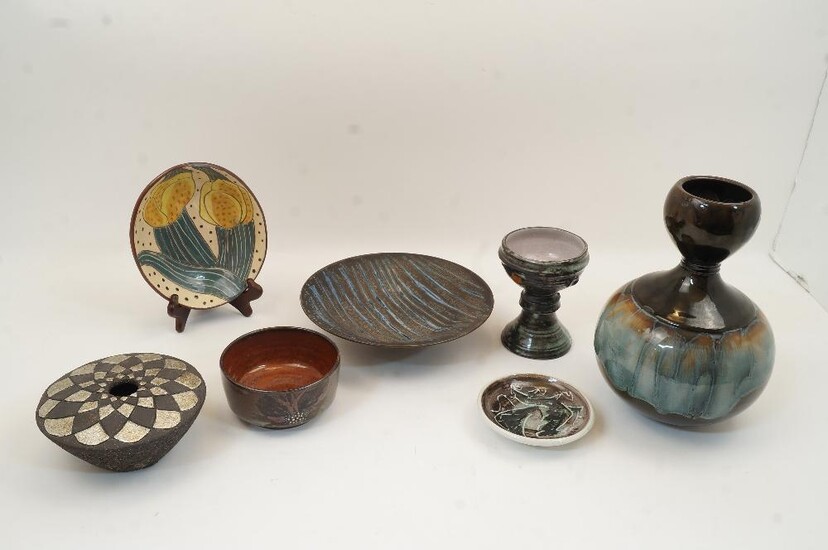 Seven pieces of studio pottery, comprising: a glazed vase signed Sammy, 28cm high; a shallow bowl, unsigned, 24.5cm diameter; a Wye Valley pottery goblet and small dish, each signed Wye; an oval dish by Brenda Pegrum, 20cm diameter; an Anna...