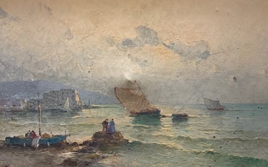 Sgd Vintage Maritime Landscape Oil Painting 43in
