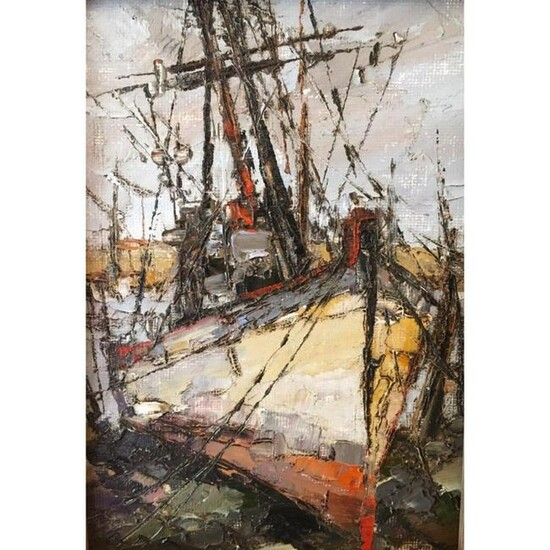 Signed Abstract Oil Painting, Masted Boat