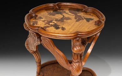 Signed Galle Dragonfly Art Nouveau Inlaid French Marquetry Inlaid 2 Tier Table, 1900