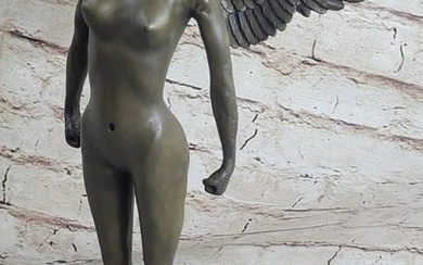 Signed Original Powerful Angel Bronze Sculpture On Marble Base - 16" x 9"