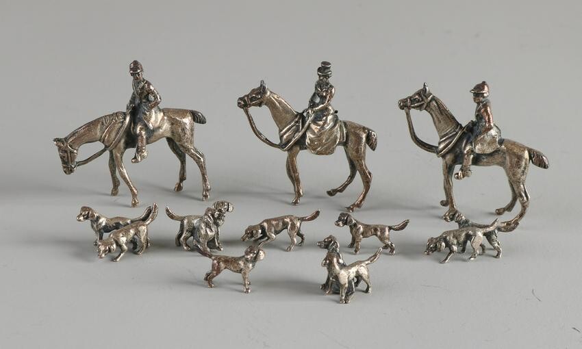 Silver miniatures, 925/000, hunting scene, with 3