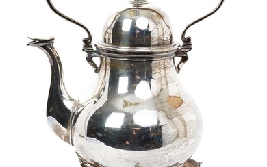Silver tea kettle, on stand with burner