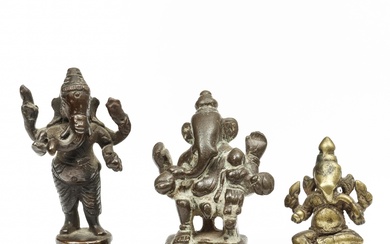 South-India, three bronze-brass statues of Ganesha, 18th-19th century;