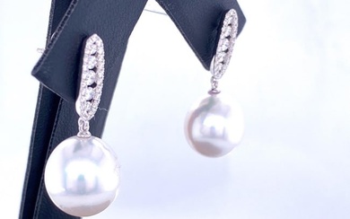 South Sea Pearl Diamond Bar Drop Earrings 0.45 Carat 18 Karat White Gold