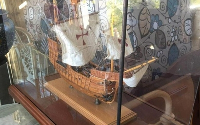 Spanish Galleon Model Ship In Display Case