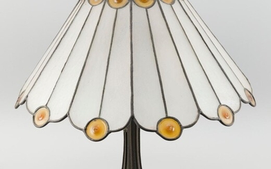 TABLE LAMP WITH LEADED GLASS SHADE AND HANDEL...