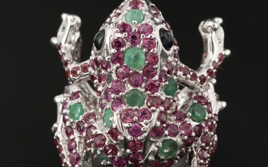 Sterling Emerald, Rhodolite Garnet and Opal Frog Ring