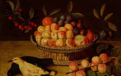 Still life with a basket of peaches, plums and cherries and two dead pigeons, Paul Dorival