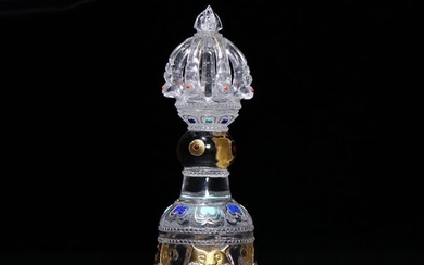 Superb Chinese Gilt Gold-plated Silver Crystal Inlay Turquoise & Lapis Lazuli Bell Statue