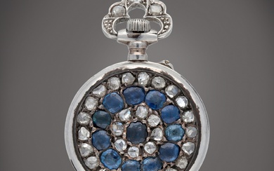 Swiss A platinum, diamond and sapphire-set open faced keyless watch...