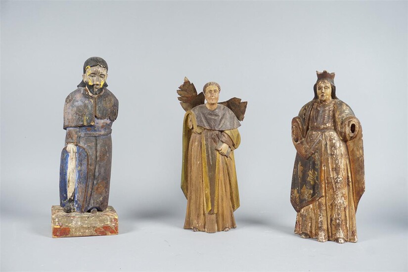 THREE COLONIAL POLYCHROMED WOOD FIGURES OF SAINTS