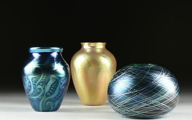 THREE ORIENT AND FLUME IRIDESCENT ART GLASS VASES