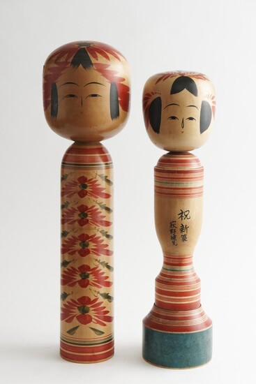 TWO LARGE VINTAGE WOODEN JAPANESE HAND PAINTED KOKESHI DOLLS, LEONARD JOEL LOCAL DELIVERY SIZE: SMALL