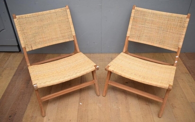 TWO TEAK AND RATTAN CHAIRS (A/F) (77H x 65W x 90D CM) (LEONARD JOEL DELIVERY SIZE: LARGE)