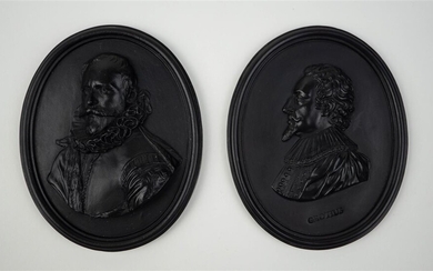 TWO WEDGWOOD BLACK BASALT DUTCH MARKET OVAL PORTRAIT MEDALLIONS, HOGERBEETS (1561-1625) AND GROTIUS (1583â 1645)