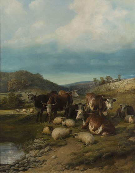 Thomas Sidney Cooper, RA, British 1803-1902- Cattle and sheep at a watering place; oil on canvas, signed 'T.S. Cooper. R.A.' (lower right), 110.8 x 88 cm. Provenance: Anon. sale, Sotheby's, London, 9 December 2020, lot 144.; Private Collection...