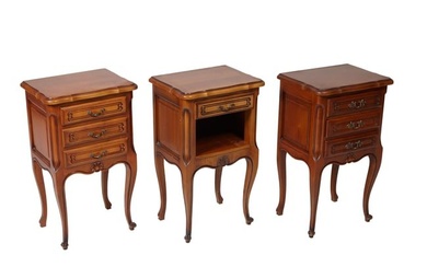 Three French Louis XV Style Fruitwood Nightstands, 20th c., H.- 28 in., W.- 17 in., D.- 13 in. (3 Pc