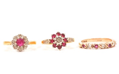 Three ruby and diamond rings.