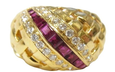 Tiffany & Co. Vannerie 18k Gold Ruby Diamond 10gram Large Basket Weave Dome Ring Size 5.75