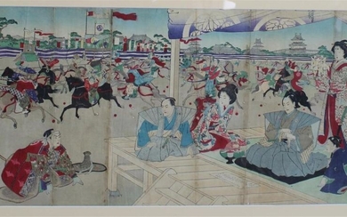 Toshu Shogetsu (actif en 1850 1900) - Visite impériale à une partie de polo / dakyu , à Tokyo Nihonbashi , Japon -Tryptique d'estampes , pliures , 34,5 x 71 cm - Signée et datée 1889 - Cadre : 68 x 107 cm. Le dakyu est un sport équestre en Asie...