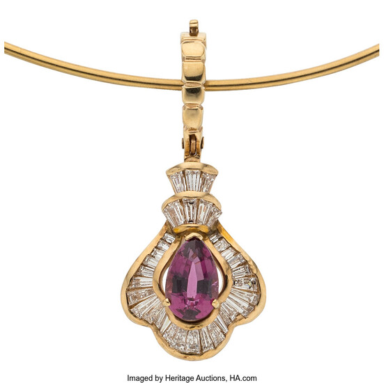 Tourmaline, Diamond, Gold Pendant-Necklace Stones: Pear-shaped pink tourmaline weighing...