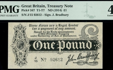 Treasury Series, John Bradbury, first issue £1, ND (7 August 1914), serial number J/15 92612, d...