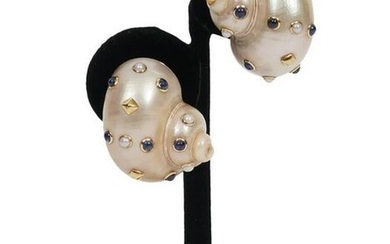 Trianon 14K YG Pearl Sapphire Shell Clip Earrings