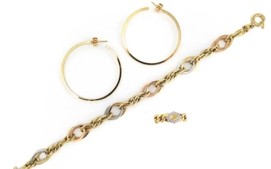 Tricolor Gold Bracelet, Pair of Gold Hoop Earrings and Gold and Diamond Curb Link Ring