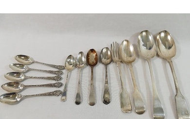 Twelve assorted silver spoons and one silver dessert fork, c...