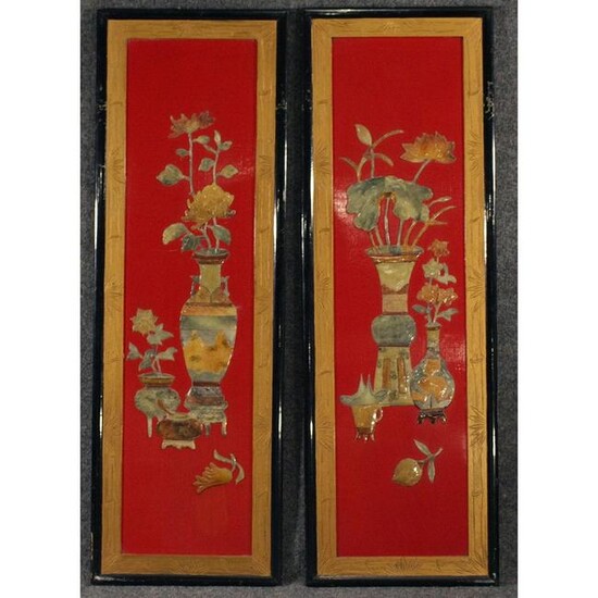 Two [2] Red Lacquer Chinese Panels, Hardstone Urns