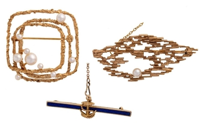 Two 9-carat gold and cultured pearl brooches and an enamel Naval bar brooch, the brooches each of textured open work design accented with cultured pearls, British hallmarks for 9-carat gold, 3 x 3cm and 4.5 x 2cm respectively and a blue enamel...
