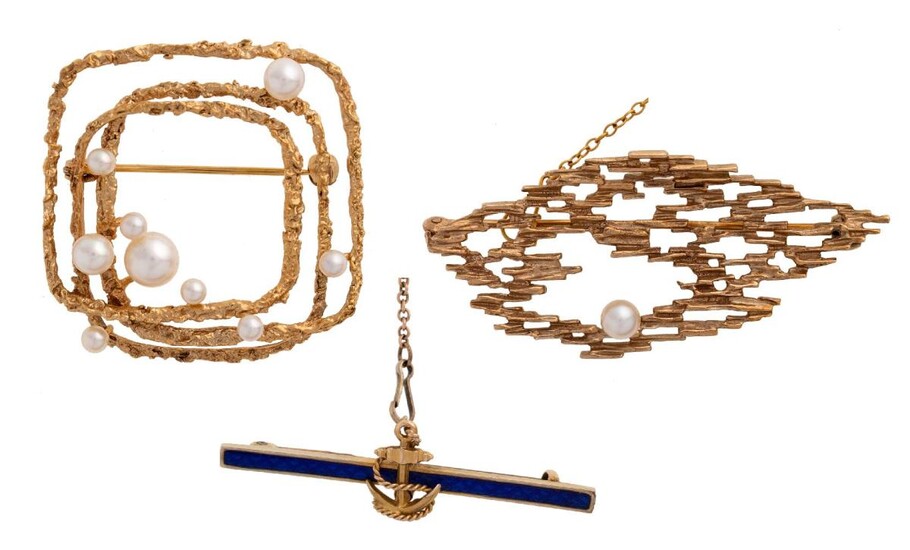Two 9-carat gold and cultured pearl brooches and an enamel Naval bar brooch, the brooches each of textured open work design accented with cultured pearls, British hallmarks for 9-carat gold, 3 x 3cm and 4.5 x 2cm respectively and a blue enamel...