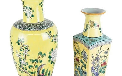 Two Chinese Yellow Glazed Polychrome Vases