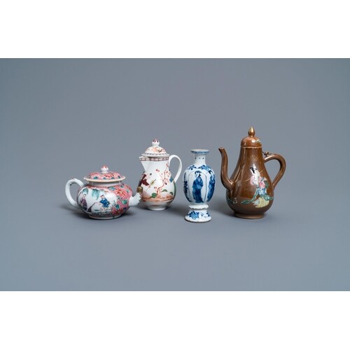 Two Chinese famille rose jugs, a teapot and a blue and white...