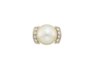 Two-Color Gold, Golden South Sea Cultured Pearl and Diamond Ring