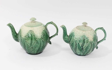 Two English lead glazed cauliflower form teapots, probably 19th century