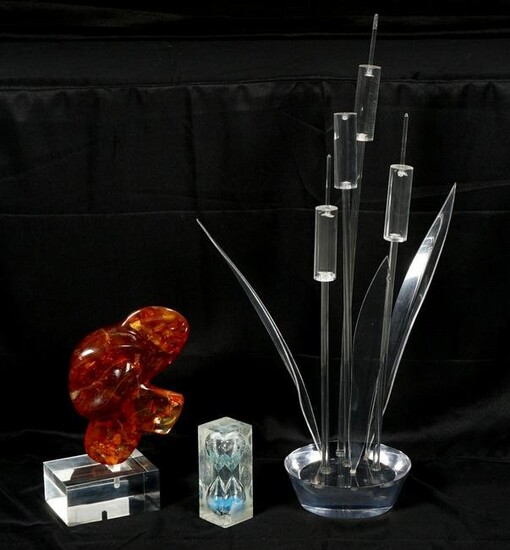 Two Mid Century Acrylic Sculptures & Hourglass