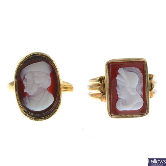 Two gold carved agate cameo signet rings.