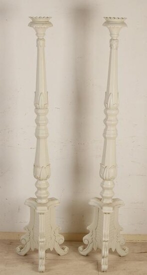 Two large wooden standing white lacquered candle