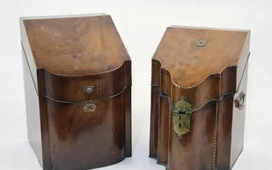 Two mahogany knife boxes, George III, the first with ebonised and fruitwood...